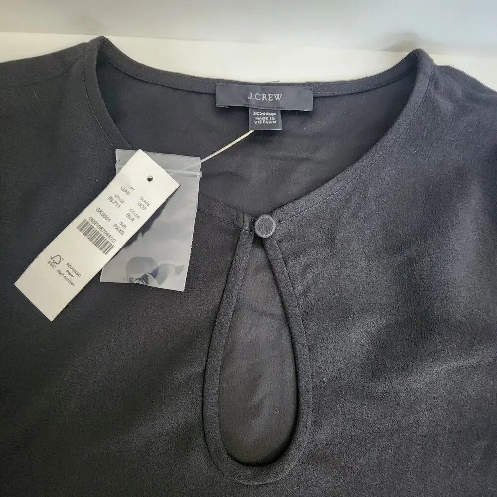 NWT J. Crew Puff 3/4 Sleeve‎ Satin Back Crepe Blouse Black Women's SZ XXSP